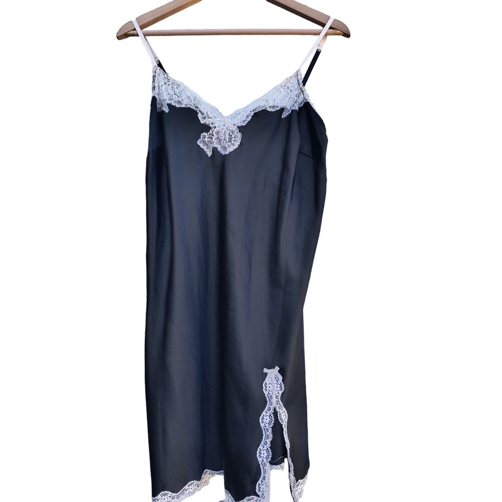 Victoria Secret black with white lace trim size large satin night gown